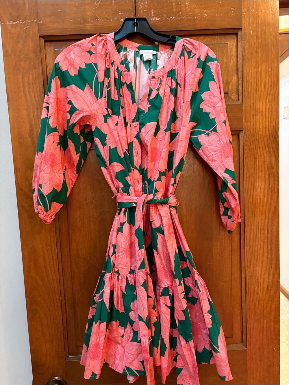 Shoshanna Coral Floral Tie-Waist Midi Dress on Emerald Base